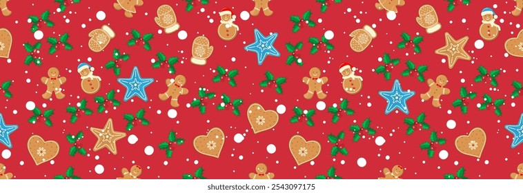 Seamless Christmas banner with elements of gingerbread cookies and Christmas berries. 