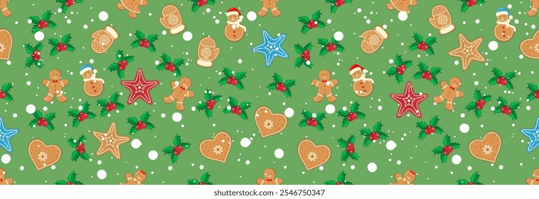Seamless Christmas banner with elements of gingerbread cookies and Christmas berries. 