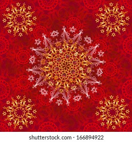 seamless Christmas beautiful red pattern (background) contents golden snowflakes and gems