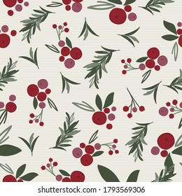 Seamless Christmas berries and holly leaf with red and green color on white background