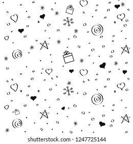 Seamless  Christmas black and white background with snowflakes. Freehand drawing. You can repaint in any color. Vector. For printing packaging, textile, background for websites, etc.