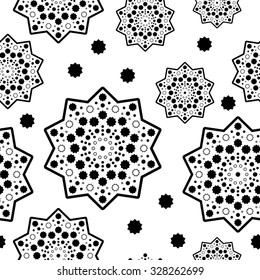 Seamless Christmas black and white background with decorative snowflakes
