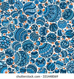 Seamless Christmas blue background with christmas balls. Vintage christmas seamless pattern. Doodle Hand Drawn Style