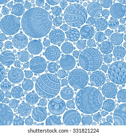 Seamless Christmas blue background with christmas balls. Vintage christmas seamless pattern. Doodle Hand Drawn Style