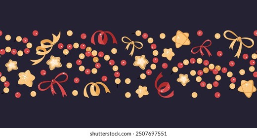 Seamless Christmas border with festive elements. Pattern with garland, bows, decorations. Background for festive design of cards, websites, fabric, etc.