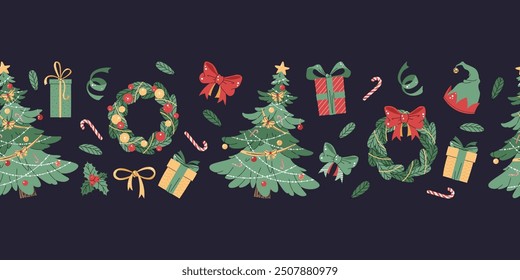 Seamless Christmas border with festive elements. Pattern with Christmas tree, wreaths, gifts. Background for festive design of cards, websites, fabric, etc.