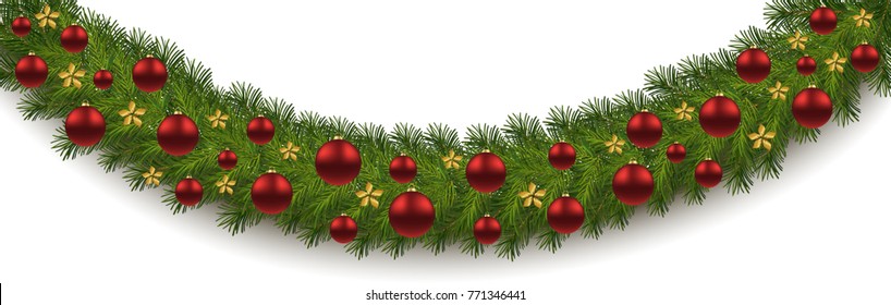 Seamless Christmas border with fir branches  and decoration isolated on white background. Christmas decoration