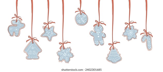 Seamless christmas border with gingerbread cookies.  For banners, website design, posters, booklets. Vector image on a white background.