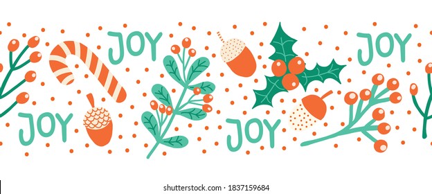 Seamless Christmas border hand drawn vector illustration candy cane, mistletoe, nut, joy lettering. Decorative horizontal repeating Winter holiday art for greeting card decor, banner, ribbon, footer