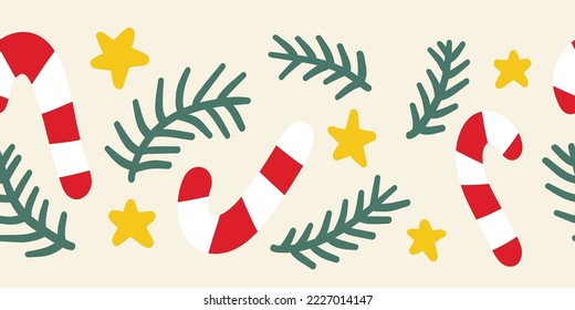 Seamless Christmas border hand drawn vector illustration candy cane, mistletoe, stars. Decorative horizontal repeating Winter holiday art for greeting card decor, banner, ribbon, footer.