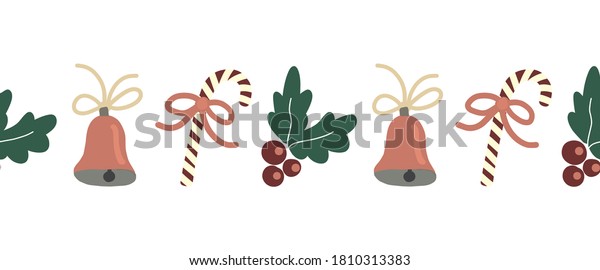 Seamless Christmas border hand drawn vector\
illustrations. Candy cane, Christmas bell, mistletoe. Decorative\
repeating Winter holiday design for greeting card decor, banner,\
ribbon, footer,\
dividers