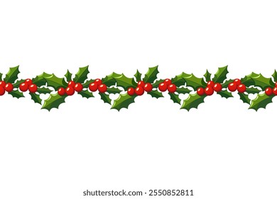 Seamless Christmas border, holly leaves and berries. Green holly Christmas garland. Christmas mistletoe garland. Holly border. Xmas border holly berries isolated on white background. Mistletoe frame