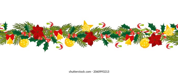 Frontera navideña de mistletoe, flor de estrella navideña, árbol de abetos con campanas y decoraciones navideñas, bastón de caramelo. Patrón adecuado para afiches, banners, tarjetas, invitaciones