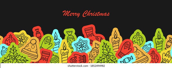 Seamless Christmas border pattern, banner isolated on black background. Hand-drawn vector illustration