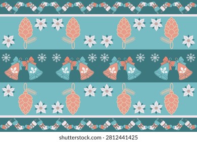 Seamless Christmas border pattern featuring festive gift bags, pine cones, evergreen branches, berries, leaves, and hanging holiday bells arranged in a decorative repeating layout. Designed in a Scandinavian-inspired style with soft teal, blush pink, and warm neutral colors, this vector illustration is perfect for Christmas wrapping paper, greeting cards, fabric prints, wallpaper, gift packaging, scrapbook projects, textile design, seasonal branding, home decor, and holiday celebration backgrounds.
