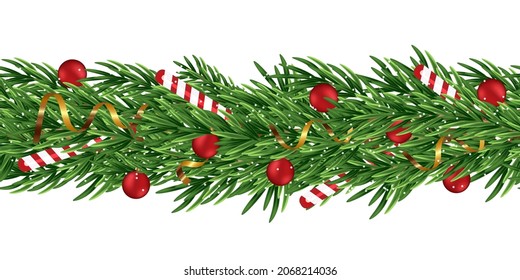 Seamless Christmas border of spruce branches isolated on white background. Christmas fir garland with lollipops, red balls, streamer. Vector illustration