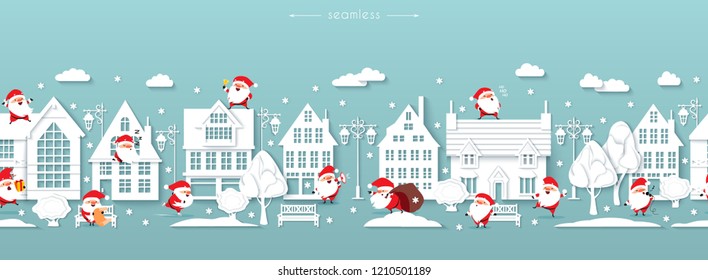 Seamless Christmas border, winter street, Scandinavian style white paper buildings with funny Santa Clauses, lanterns, benches, trees, snowflakes, snow drifts, Winter time, Vector illustration