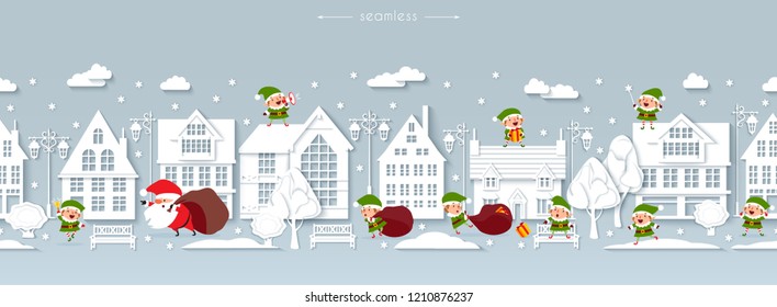 Nahtlose Weihnachtsgrenze, Winterstrasse, skandinavische Weißpapiergebäude mit lustigen Weihnachtsklaus und Elfen, Latertern, Bänken, Bäume, Schneeflocken, Schneeflocke, Winterzeit, Vektorgrafik