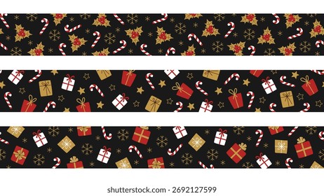 Seamless Christmas borders set. Horizontal patterns with candy canes, holly, gifts, snowflakes, and stars. Vector illustration.
