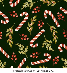 Seamless Christmas candy can illustration pattern, vector green background