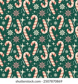 Seamless Christmas candy cane illustration pattern, vector green background. 