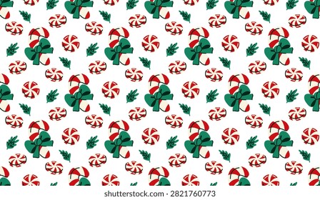 Seamless Christmas Candy and Holly Pattern Hand Drawn Holiday Sweet Background with Peppermint Candy for Fabric, Gift Wrap, Textile, Seasonal Packaging and Winter Decor