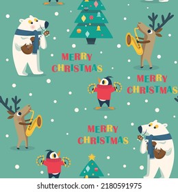 Seamless Christmas cartoon pattern with polar bear, tree, penguin and deer playing music.