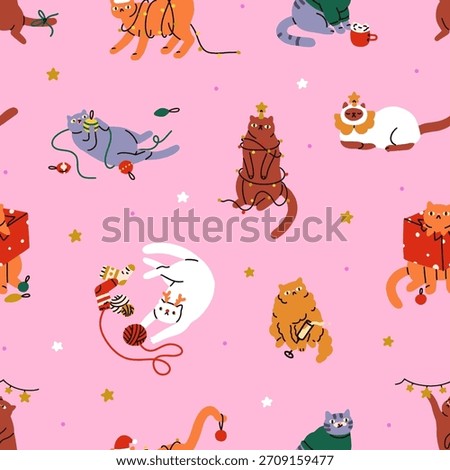 Seamless Christmas cats pattern. Cute funny naughty kitty pets on winter holiday, festive endless background design with playful felines. Flat vector illustration for wrapping paper, textile, fabric