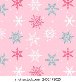 Seamless christmas colorful snowflakes pattern on pink background. Sweet cute winter repeated pattern with geometric motifs. Vector illustration.