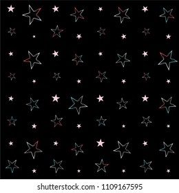 Seamless Christmas colorful stars confetti falling, isolated on black. Magic shining flying stars and glitter dots sparkle cosmic backdrop