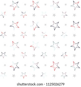 Seamless Christmas colorful stars confetti falling, isolated on white. Magic shining flying stars and glitter dots sparkle cosmic backdrop