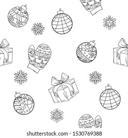 Seamless Christmas coloring pattern. Collection of design elements. Mittens, gift box, snowflakes, Christmas tree decoration. Adult coloring book, cartoon coloring book, Symbol of New Year and Christm