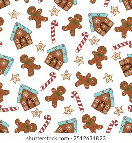 Seamless Christmas cookie pattern of gingerbread house, ginger man, caramel candy cane isolated on white background. Web design, print, packaging, wallpaper.