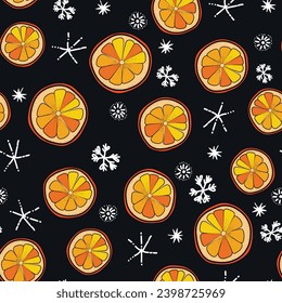 Seamless Christmas cozy winter New Year pattern with cute oranges, lemons, plants and snawflakes on black background. Vector illustration. Design for print, invitation, poster, card, fabric, textile.