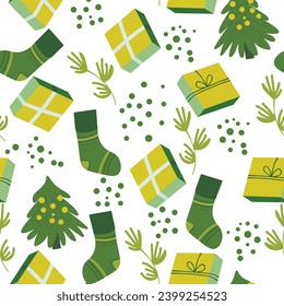Seamless Christmas cozy winter New Year pattern with cute gifts, Christmas tree, plants and socks on white background. Vector illustration. Design for print, invitation, poster, card, fabric, textile.