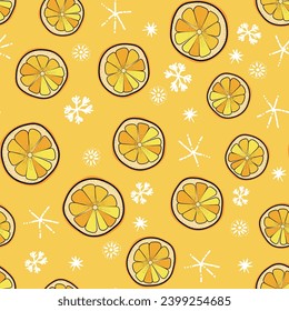 Seamless Christmas cozy winter New Year pattern with cute oranges, lemons, plants and snawflakes on color background. Vector illustration. Design for print, invitation, poster, card, fabric, textile.