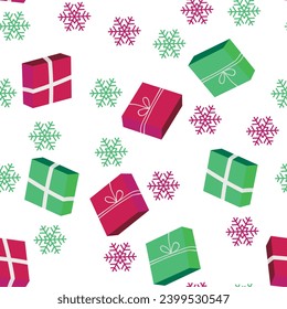 Seamless Christmas cozy winter New Year pattern with cute gifts, snowflakes on white background. Vector illustration. Design for print, invitation, poster, card, fabric, textile.