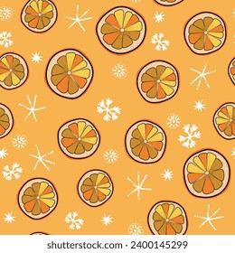 Seamless Christmas cozy winter New Year pattern with cute oranges, lemons, plants and snawflakes on color background. Vector illustration. Design for print, invitation, poster, card, fabric, textile.