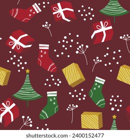Seamless Christmas cozy winter New Year pattern with cute gifts, Christmas tree, plants and socks on color background. Vector illustration. Design for print, invitation, poster, card, fabric, textile.