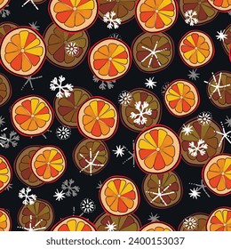 Seamless Christmas cozy winter New Year pattern with cute oranges, lemons, plants and snawflakes on black background. Vector illustration. Design for print, invitation, poster, card, fabric, textile.