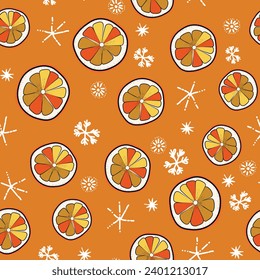 Seamless Christmas cozy winter New Year pattern with cute oranges, lemons, plants and snawflakes on color background. Vector illustration. Design for print, invitation, poster, card, fabric, textile.