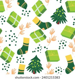 Seamless Christmas cozy winter New Year pattern with cute gifts, Christmas tree, plants and socks on white background. Vector illustration. Design for print, invitation, poster, card, fabric, textile.