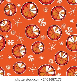 Seamless Christmas cozy winter New Year pattern with cute oranges, lemons, plants and snawflakes on color background. Vector illustration. Design for print, invitation, poster, card, fabric, textile.