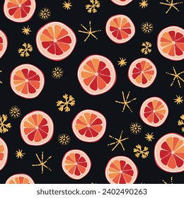 Seamless Christmas cozy winter New Year pattern with cute oranges, lemons, plants and snawflakes on black background. Vector illustration. Design for print, invitation, poster, card, fabric, textile.