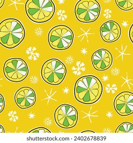 Seamless Christmas cozy winter New Year pattern with cute oranges, lemons, plants and snawflakes on color background. Vector illustration. Design for print, invitation, poster, card, fabric, textile.