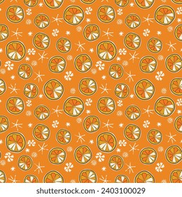 Seamless Christmas cozy winter New Year pattern with cute oranges, lemons, plants and snawflakes on color background. Vector illustration. Design for print, invitation, poster, card, fabric, textile.