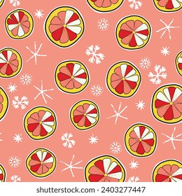 Seamless Christmas cozy winter New Year pattern with cute oranges, lemons, plants and snawflakes on color background. Vector illustration. Design for print, invitation, poster, card, fabric, textile.