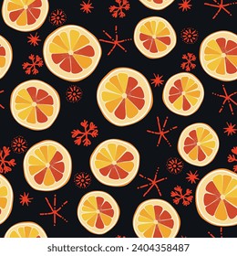 Seamless Christmas cozy winter New Year pattern with cute oranges, lemons, plants and snawflakes on black background. Vector illustration. Design for print, invitation, poster, card, fabric, textile.