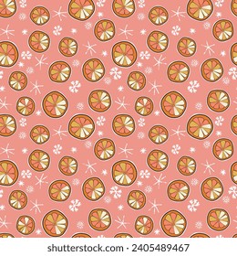 Seamless Christmas cozy winter New Year pattern with cute oranges, lemons, plants and snawflakes on color background. Vector illustration. Design for print, invitation, poster, card, fabric, textile.