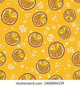 Seamless Christmas cozy winter New Year pattern with cute oranges, lemons, plants and snawflakes on color background. Vector illustration. Design for print, invitation, poster, card, fabric, textile.